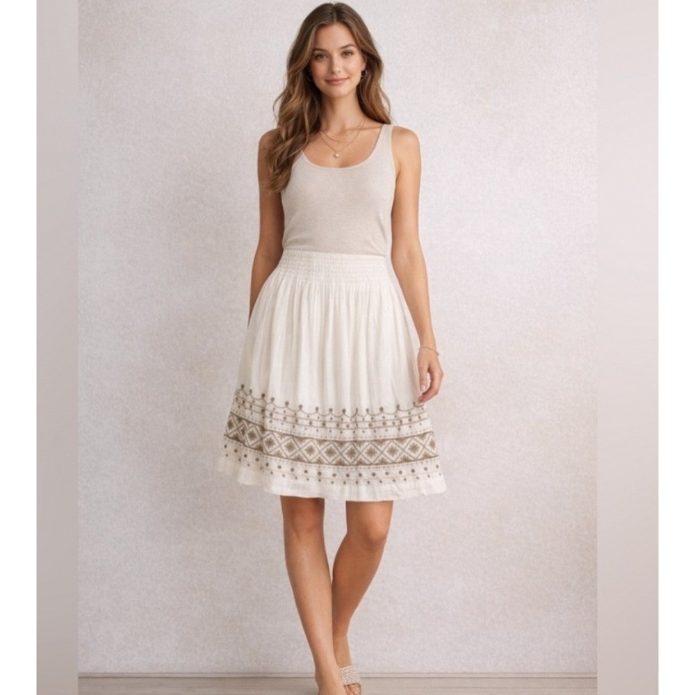 J Jill Cream Brown Embroidered A-Line Skirt Smocked Waist Boho Coastal Beach Med